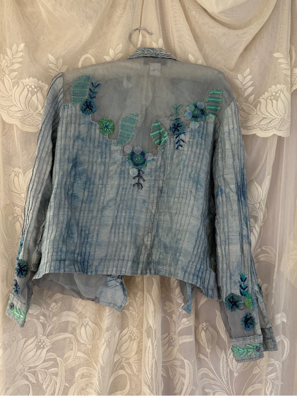 Whimsy fairy mermaid vintage girly silk beaded sequin embroidered blouse - Picture 4 of 7